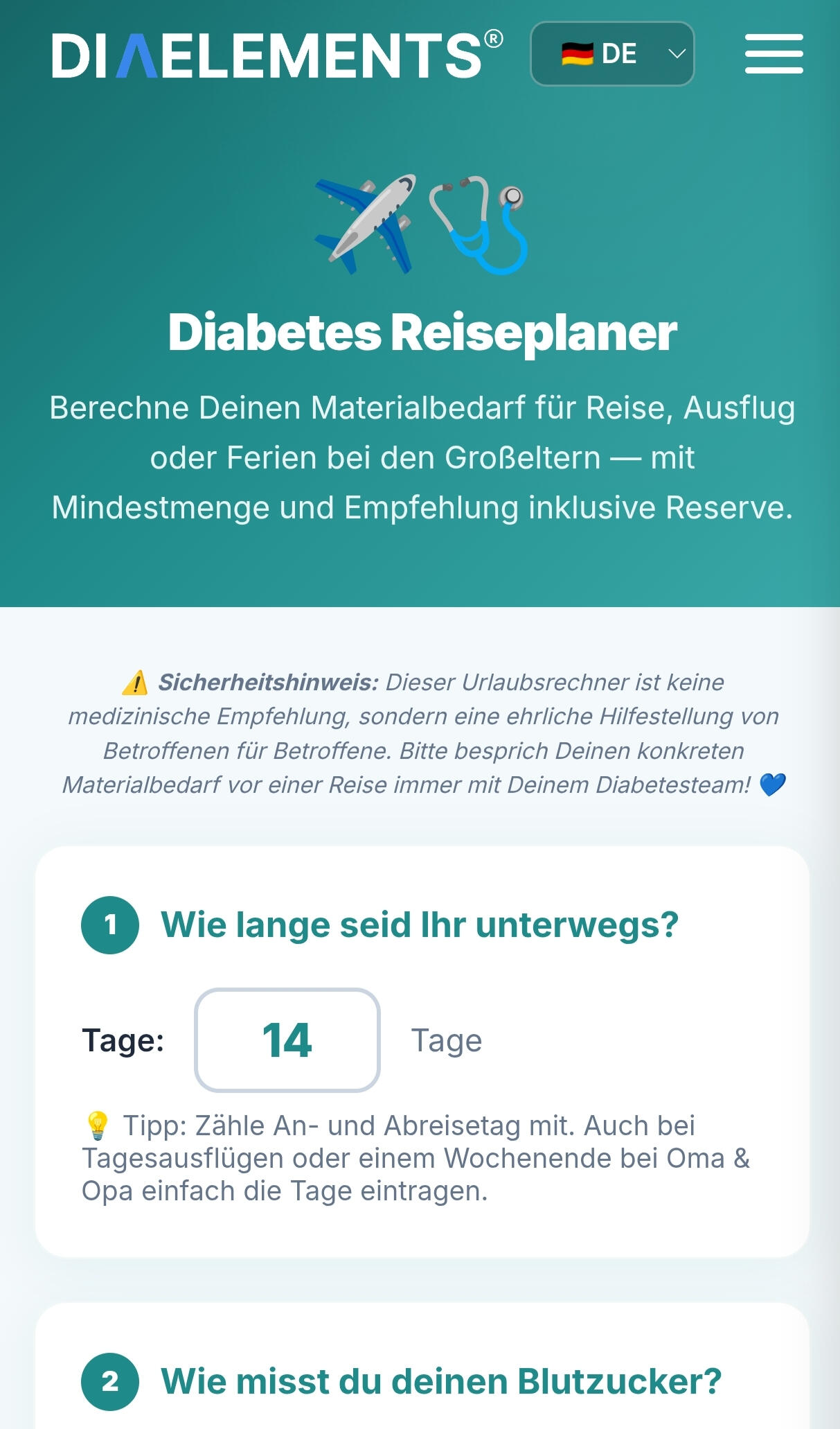 DIA - Reiseplaner DIAELEMENTS Reiseplaner für Diabetiker - Berechne Deinen Materialbedarf für Reisen, Ausflug oder Ferien bei den GRoßeltern.